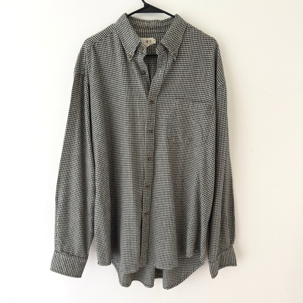 J.Crew Oarsman Flannel Shirt Mens L Houndstooth Black White Cotton Button Down
